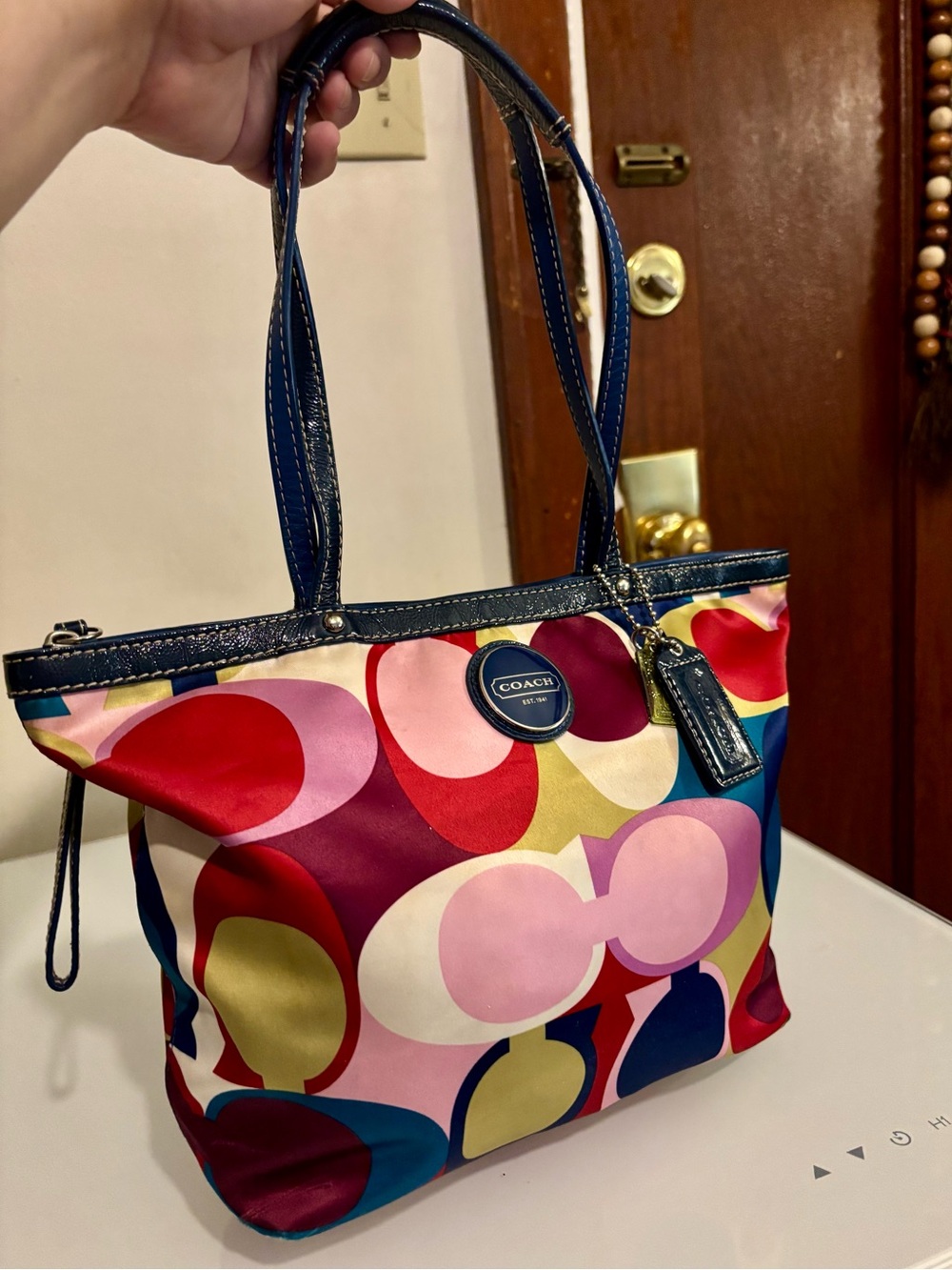 Vintage Y2K Coach multi-color silk scarf print tote bag